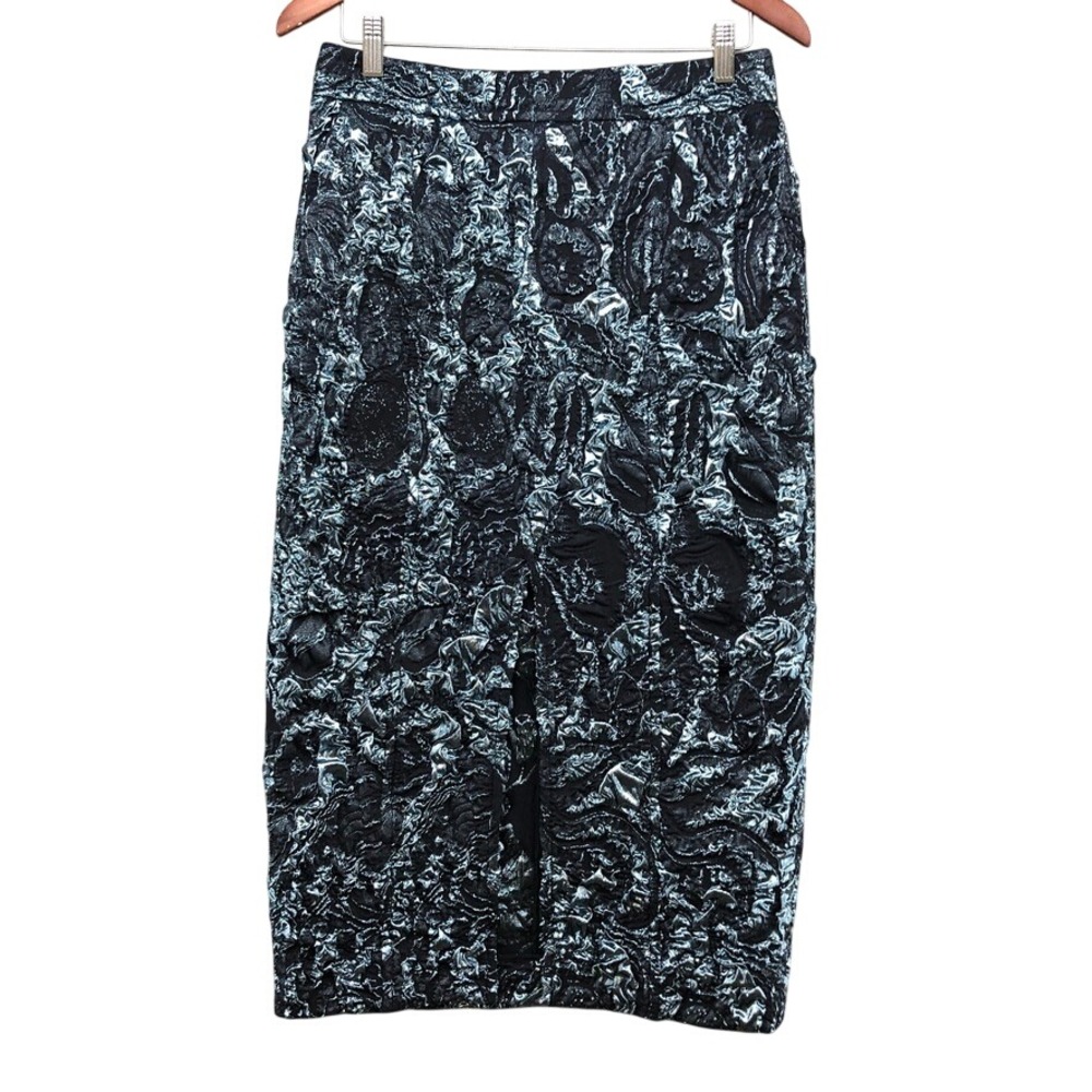 Jason Wu Collection Pencil Skirt Womens 6 Navy‎ Metallic Silk Jacquard Midi NEW
